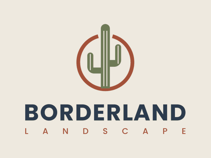 Borderland Landscape saguaro ring logo in navy, terracotta and green on caliche